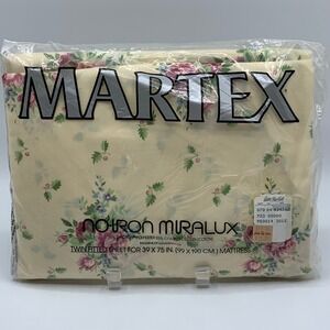 Vtg Martex No Iron Twin Fitted Sheet Cottagecore Ivory Floral Made in USA New